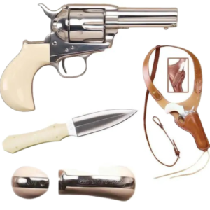 Cimarron Doc Holliday Combo Pistol 45 Colt (Long Colt) 3.5" Barrel, 6-Round Nickel, Bone Ivory Gripped Dagger/Huckle Berry Shoulder Rig