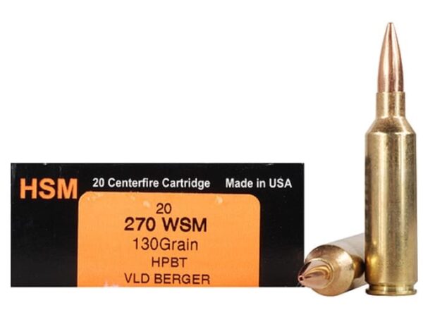 HSM Trophy Gold Ammunition 270 Winchester Short Magnum (WSM) 130 Grain Berger Hunting VLD Hollow Point Boat Tail 200 rounds